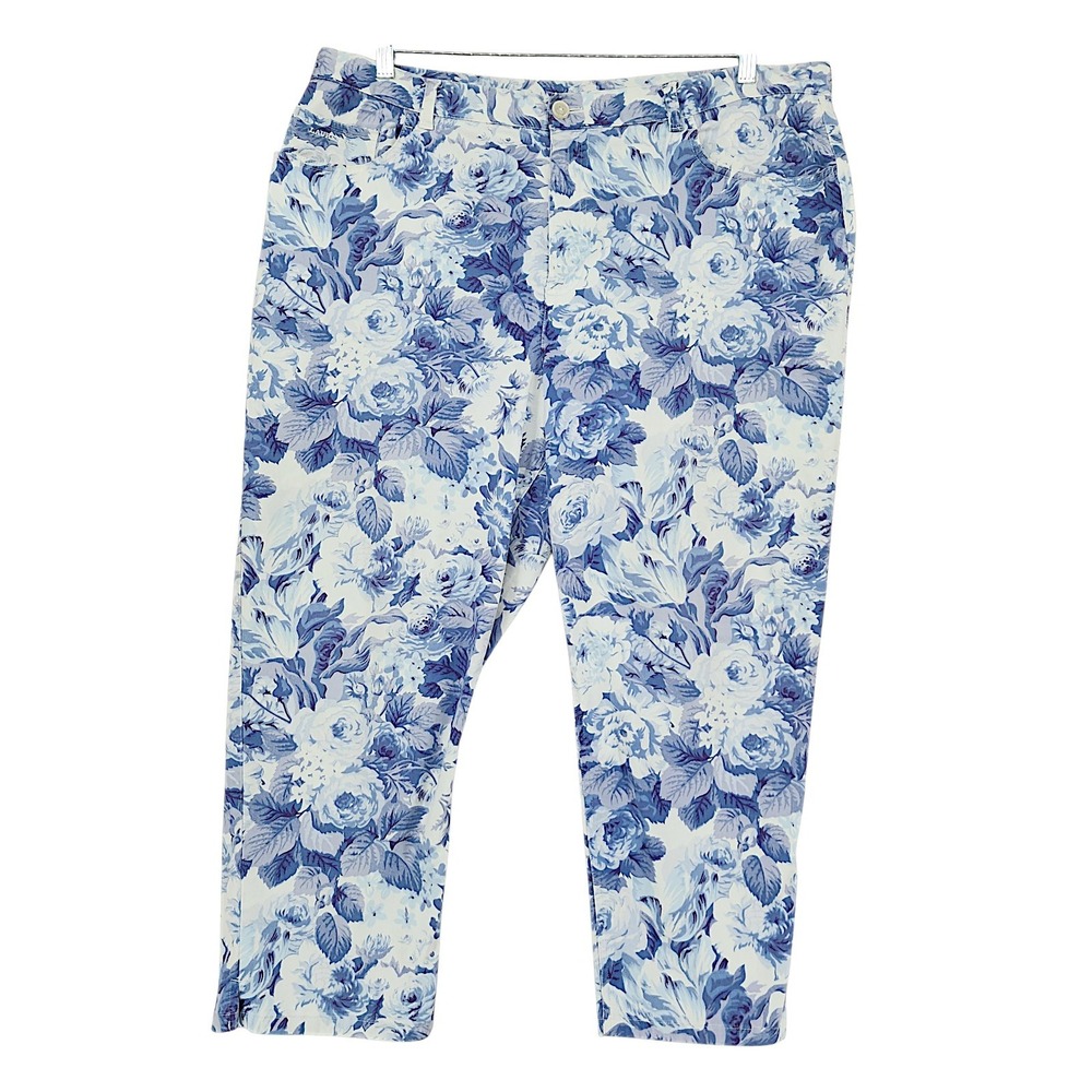 Lauren Ralph Lauren Floral Pants 22W Womens Blue Rose Print Cropped Straight Leg